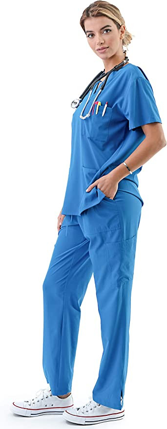LCT Women's Medical Uniform Scrub Suit Top & Full Elastic Pant Set - Large