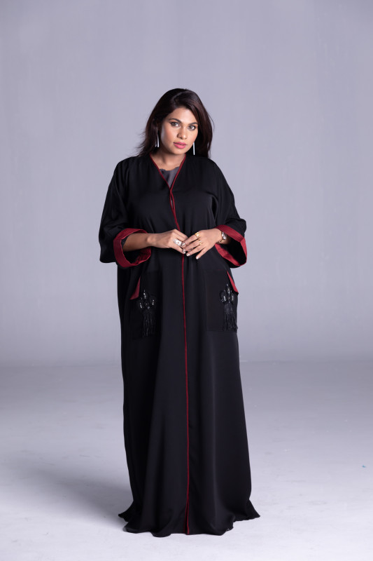 Black Abaya with Maroon Linen Borders. AB1041