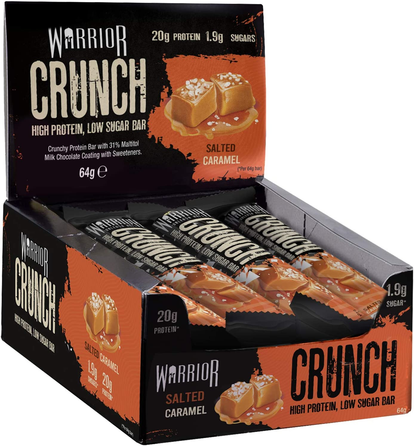 Warrior Crunch High Protein Low Carb Bar, 64g, Salted Caramel, Pack of 12