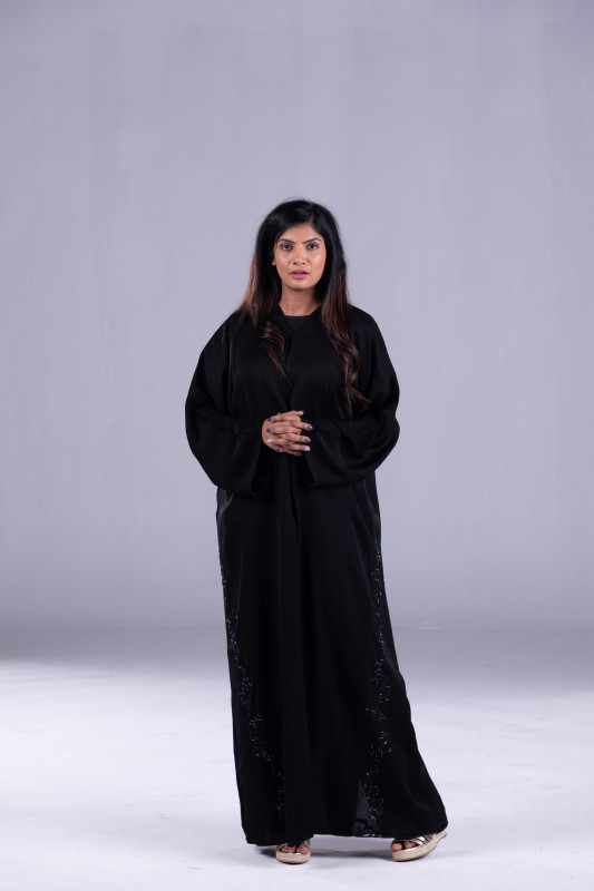 Custom Made Abaya with Black Korean Fabric and Handwork on both Sides. AB1040