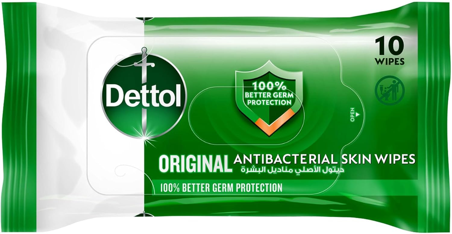 Dettol Original Antibacterial Skin Wipes for Use on Hands, Face, Neck etc, Protects Against 100 Illness Causing Germs, Pack of 10 Water Wipes