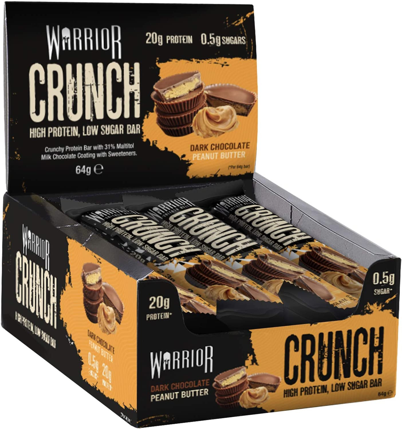 Warrior HIGH Protein Bars (20g Protein Each) - Low Carb, Low Sugar - Pack of 12 Caramel Crispy Crunch Bars - Dark Chocolate & Peanut Butter