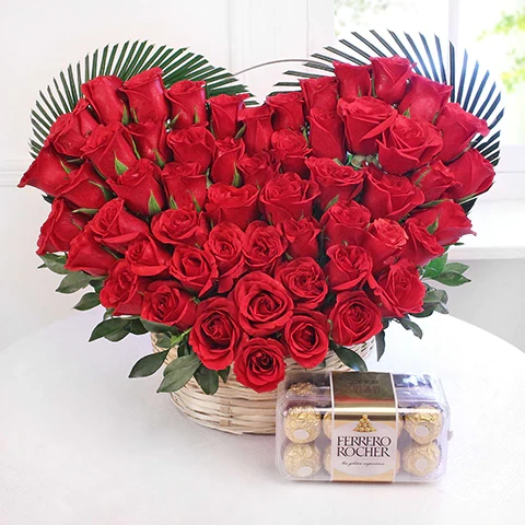 Heart Shaped Arrangement of 50 Red Roses with Ferrero Rocher Chocolate Box
