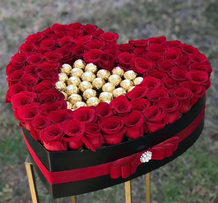 Red Roses and Ferrero Rocher Chocolates in Heart Shaped Box