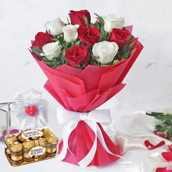 Bouquet of 10 Red and White Roses with Ferrero Rocher Chocolate Box (16 Pieces)